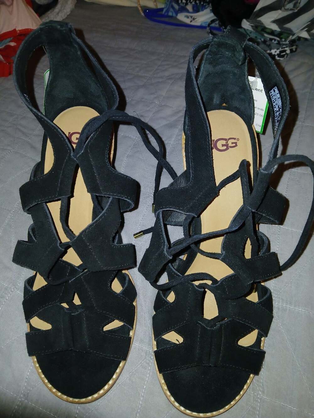 UGG Black Suede Lace-Up Block Heel Sandals